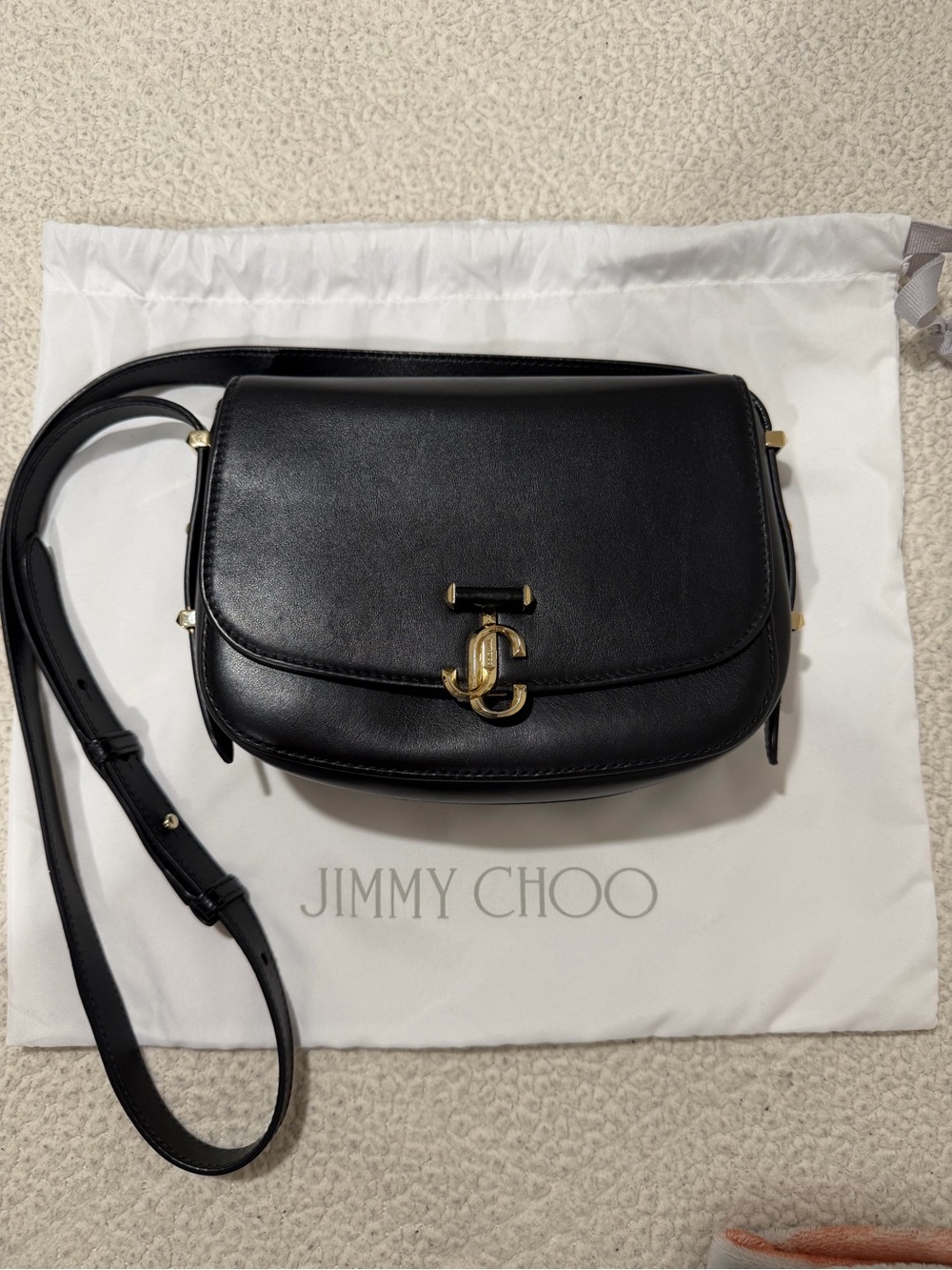 Jimmy Choo Black Leather Crossbody with Gold JC Logo